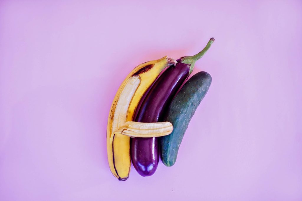 3 foods on a purple background